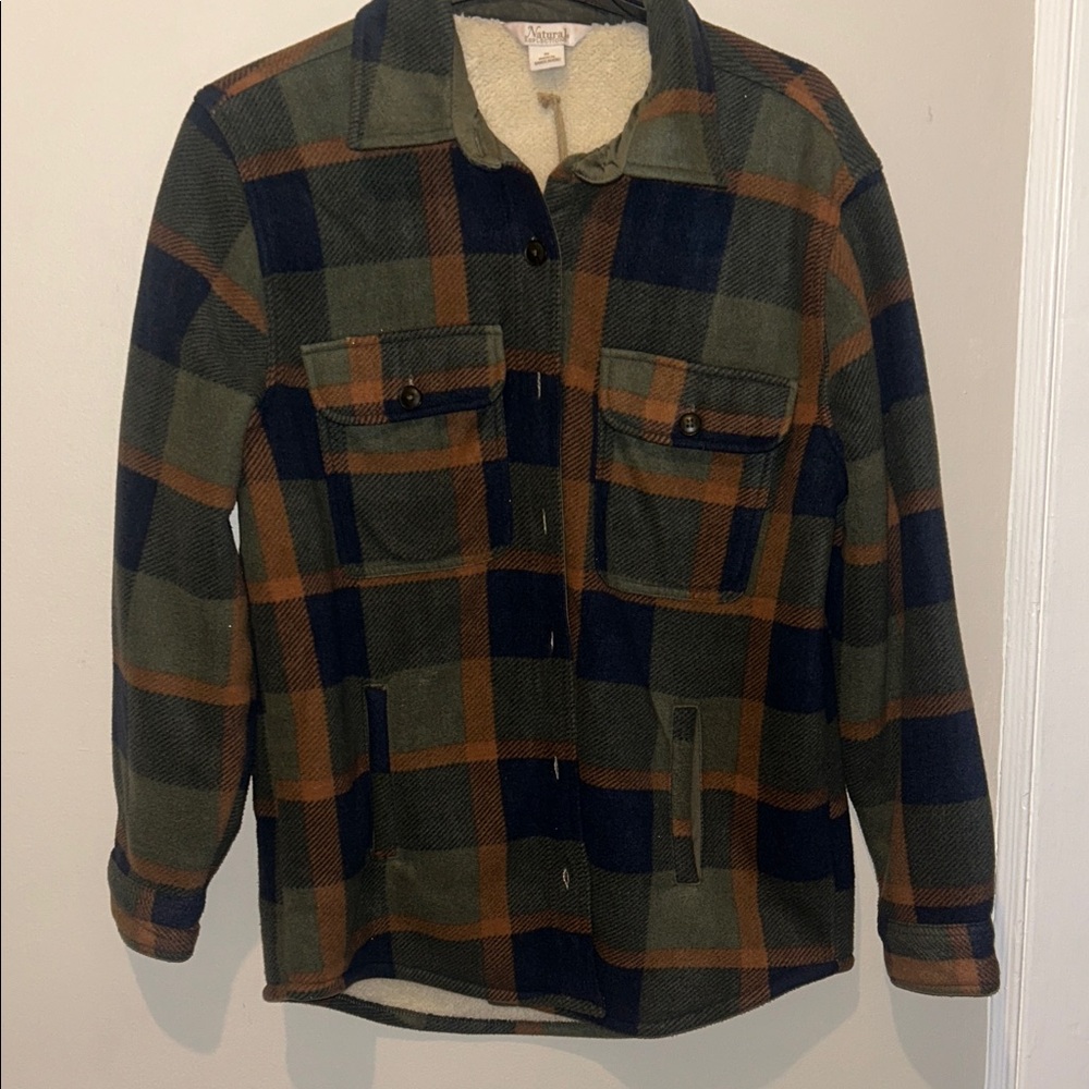 Natural Reflections Plaid Teddy Jacket - Green and Orange